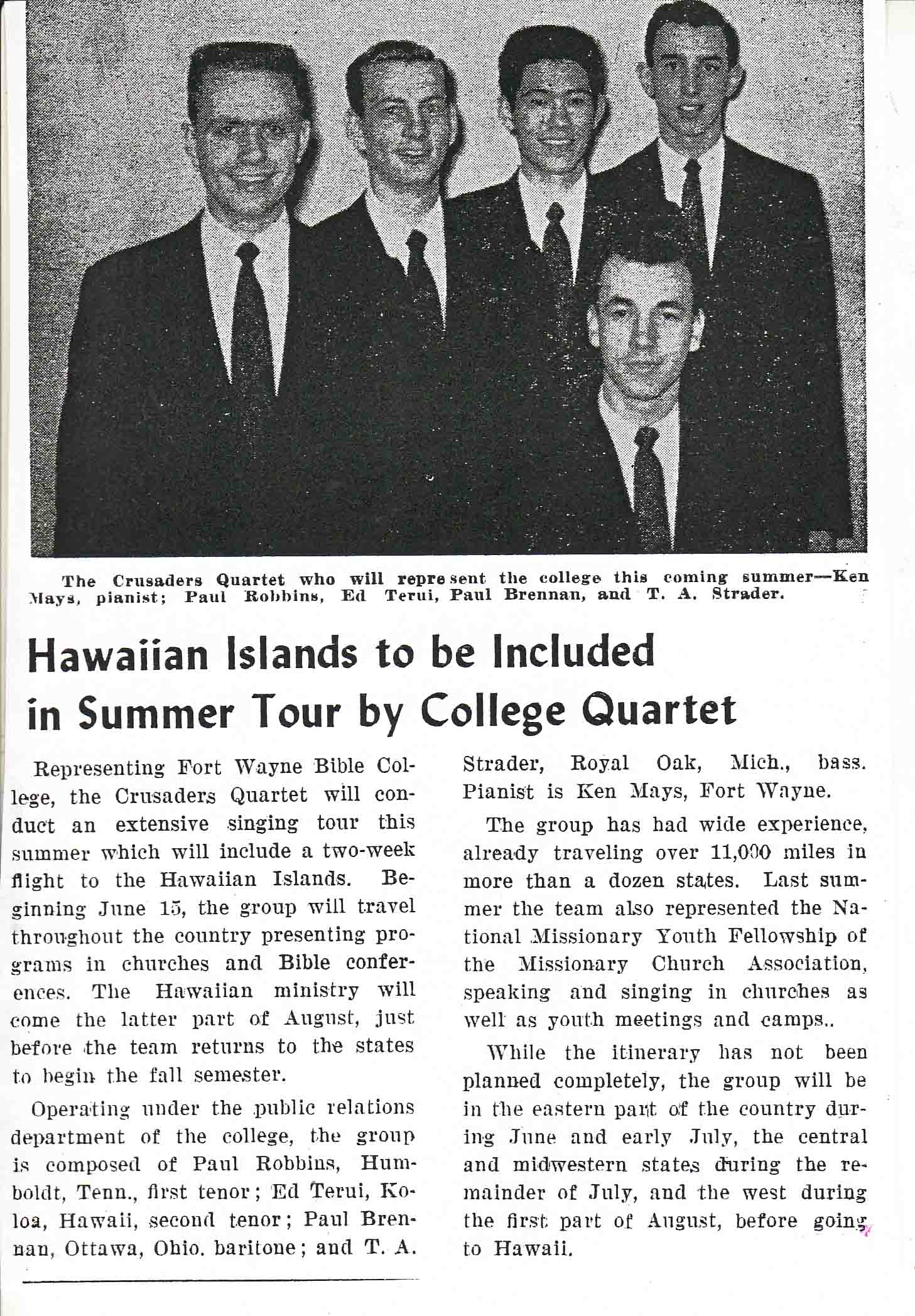 1958 Crusaders Quartet newspaper clipping about summer tour